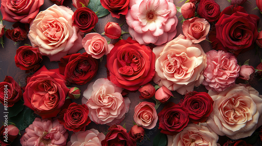 Blooming red and pink roses, forming a beautiful natural floral background Blooming red and pink roses, forming a beautiful natural floral background