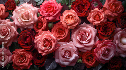 Blooming red and pink roses, forming a beautiful natural floral background 