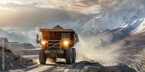 Mining truck transporting minerals through terraced paths in a deep pit mine. Concept Mining industry, Mineral transportation, Terraced paths, Deep pit mine, Heavy machinery