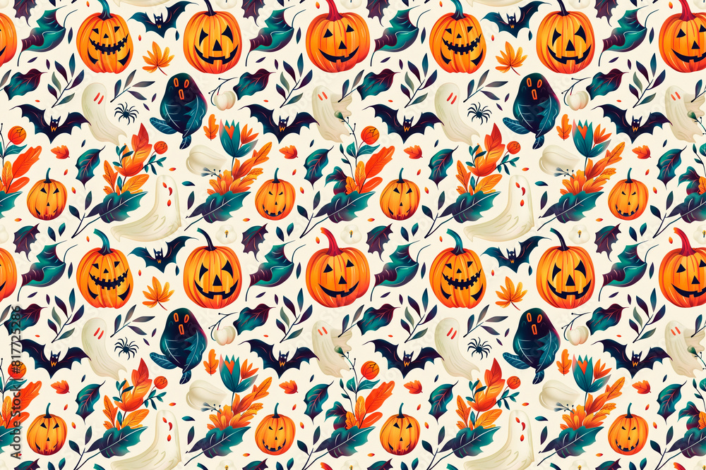 A Halloween themed pattern with pumpkins, bats, and other Halloween decorations A Halloween themed pattern with pumpkins, bats, and other Halloween decorations