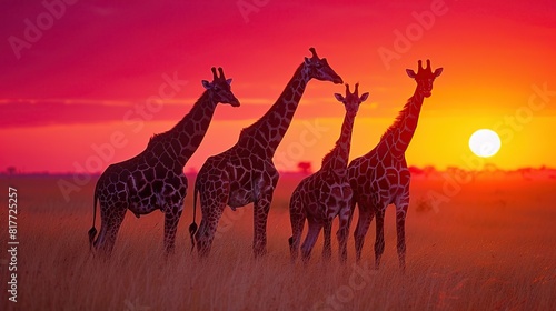 Giraffes and Sunset  Beautiful Landscape with Giraffes Silhouette  Generative AI