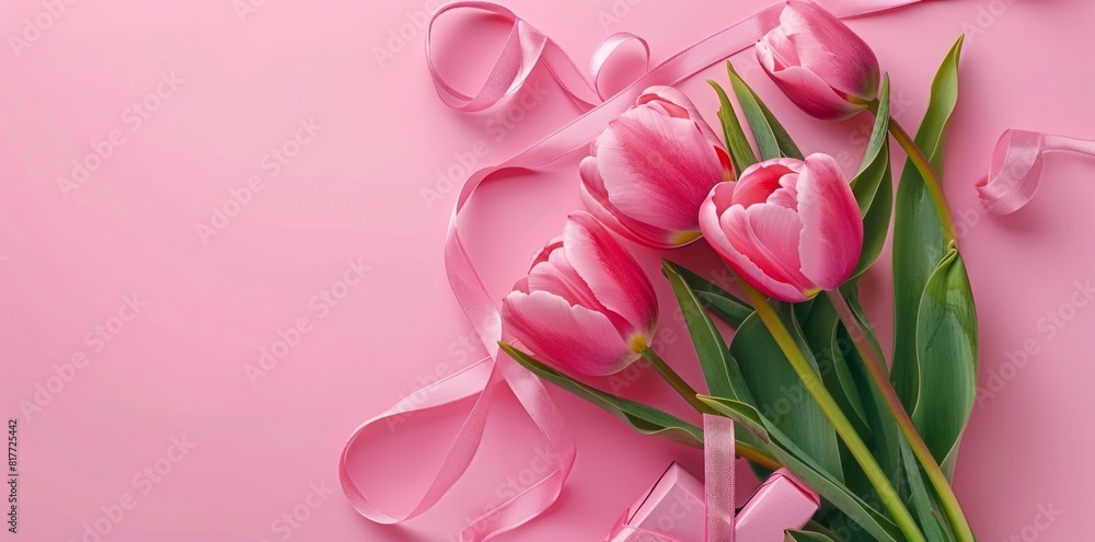 Photo of pink tulips and a gift box with a ribbon on a pink background Photo of pink tulips and a gift box with a ribbon on a pink background