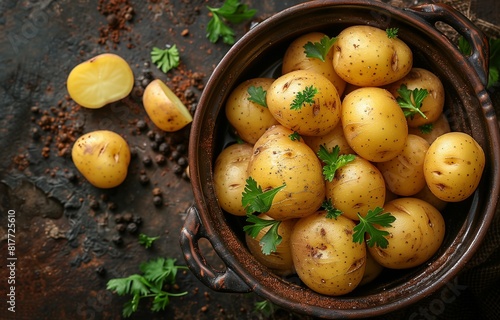 Potatoes arranged in a pot on brown surface, showcasing soil and sliced pieces