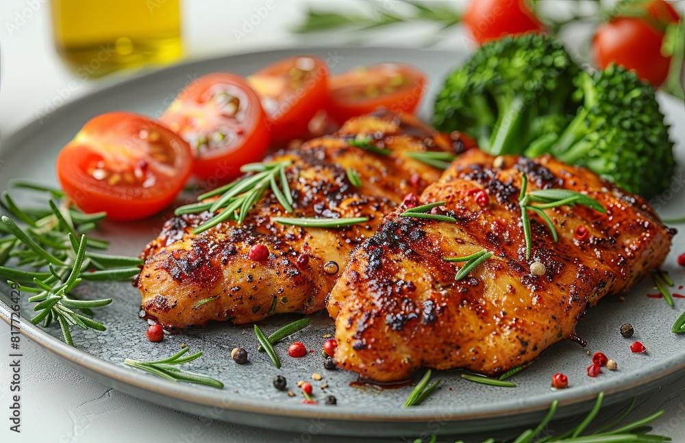Vibrant still life featuring succulent fried chicken chops, adorned with spices, alongside fresh tomatoes and broccoli Vibrant still life featuring succulent fried chicken chops, adorned with spices, alongside fresh tomatoes and broccoli