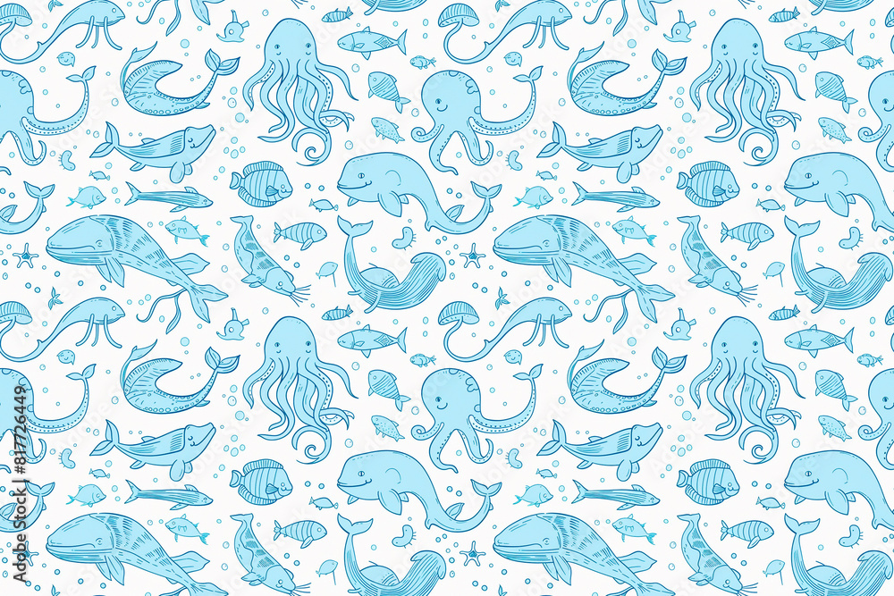 A blue and white ocean scene with many different sea creatures A blue and white ocean scene with many different sea creatures