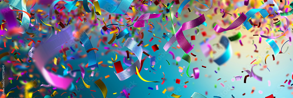Fototapeta premium Colorful confetti and ribbons falling on the background, generative AI