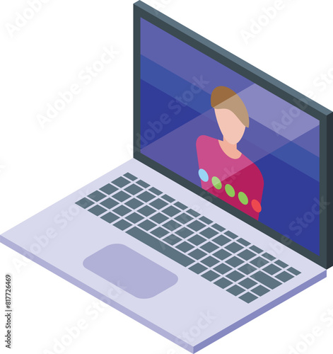 Colorful isometric design of a person on a video conference on a modern laptop