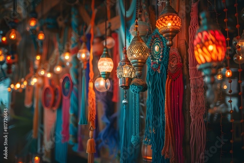 Close-up of numerous hanging ceiling lights