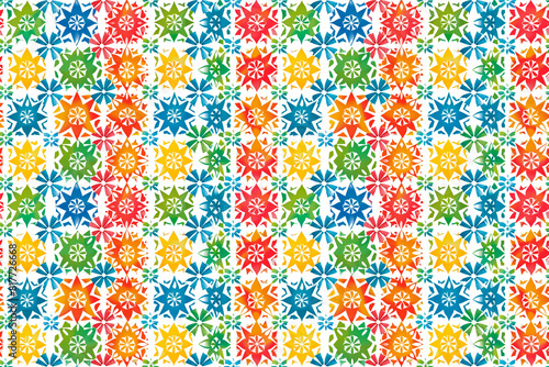 A colorful pattern of snowflakes with a white background