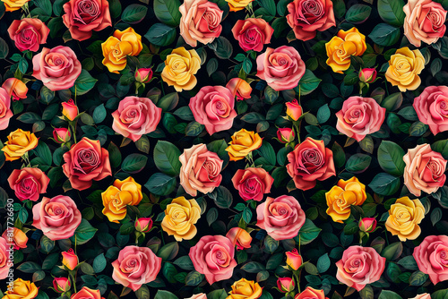 A colorful floral pattern of roses and leaves