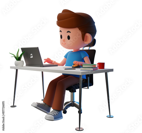 PNG transparent 3D render illustration of male, boy teenager working, using computer on desk with books, a cup of coffee, and plant pot , work from home concept