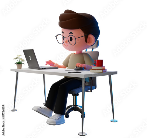 PNG transparent 3D render illustration of male, boy teenager working, using computer on desk with books, a cup of coffee, and plant pot , work from home concept