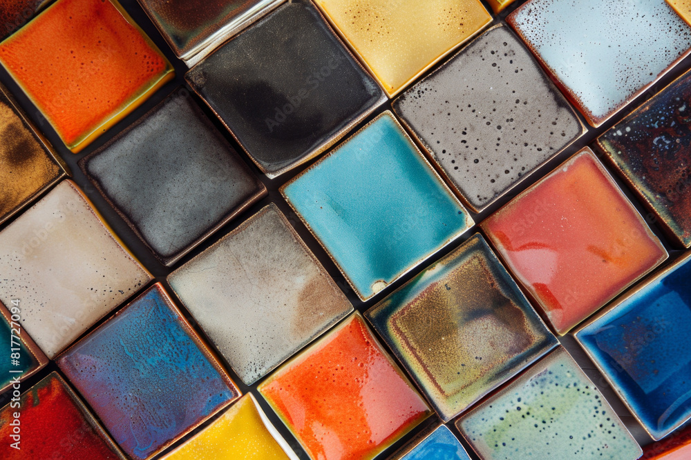 A top-down view of a stack of colorful ceramic tiles, with glossy and matte finishes adding texture to the surface. A top-down view of a stack of colorful ceramic tiles, with glossy and matte finishes adding texture to the surface.
