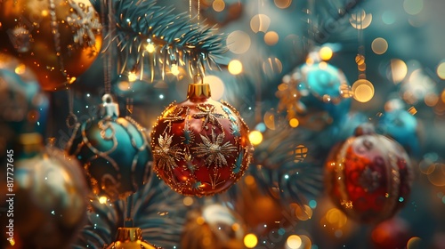 Many decorations dangle festive tree glowing background photo