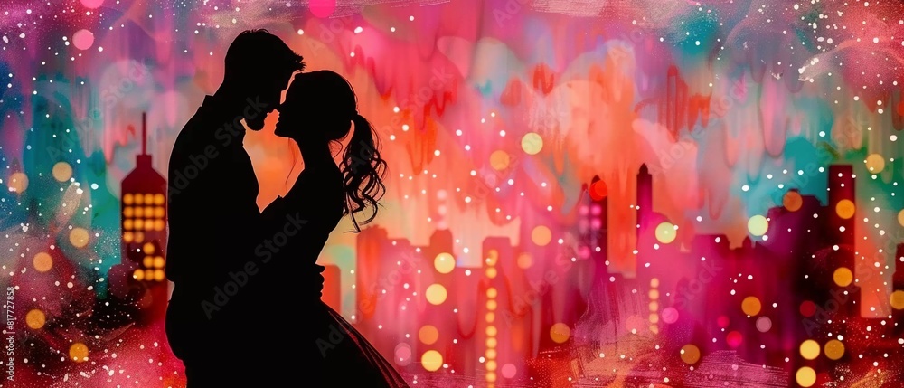 Silhouette of a romantic couple dancing downtown, under the stars with a beautifully lit skyline and bokeh lights creating a dreamy Valentine s atmosphere Silhouette of a romantic couple dancing downtown, under the stars with a beautifully lit skyline and bokeh lights creating a dreamy Valentine s atmosphere