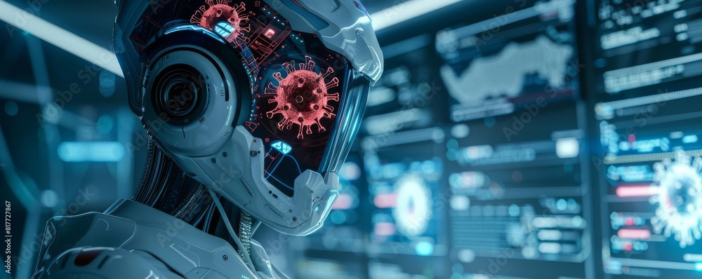 A humanoid AI interface analyzing viral pathogens in a digital realm, perfect for visualizing future pandemic management technologies A humanoid AI interface analyzing viral pathogens in a digital realm, perfect for visualizing future pandemic management technologies