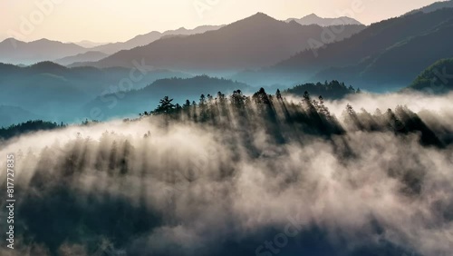 Aerial view of the misty mountains in China