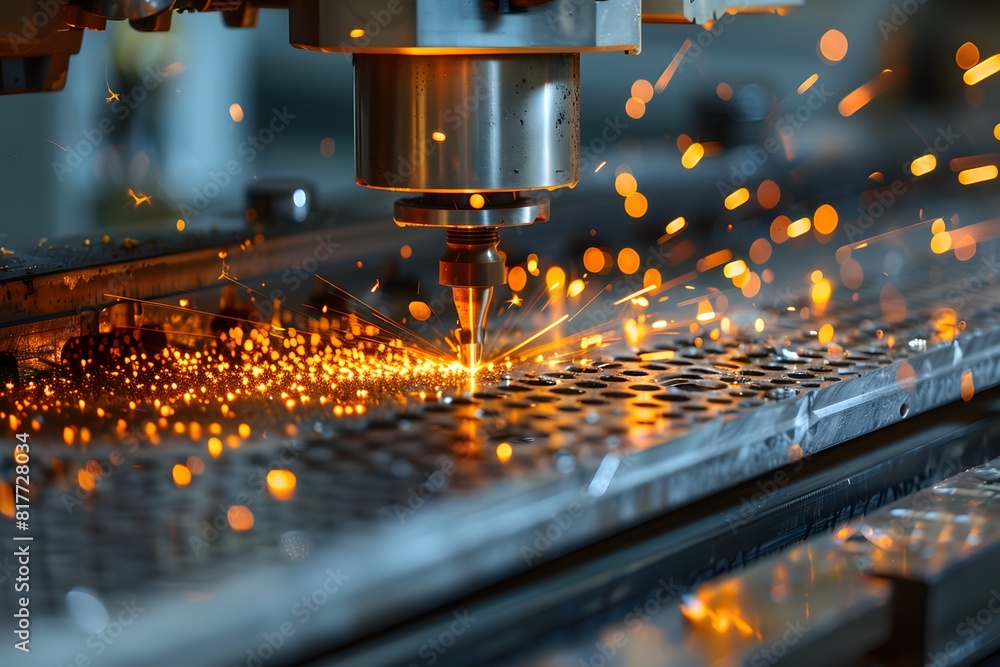 A machine cutting metal with sparks flying out of it A machine cutting metal with sparks flying out of it