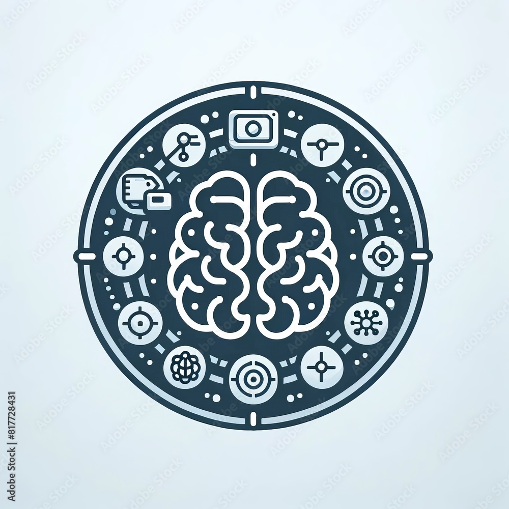 An icon with a detailed brain surrounded by various technological and scientific symbols, indicating a blend of knowledge and innovation. The design is intricate yet clear, with space for text An icon with a detailed brain surrounded by various technological and scientific symbols, indicating a blend of knowledge and innovation. The design is intricate yet clear, with space for text