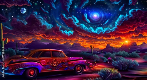 old car with 3d fantasy background