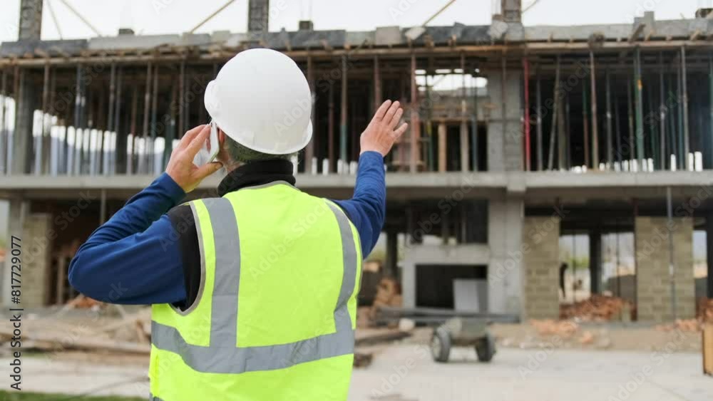 Architect engineer man at construction site call with telephone planning, communication and engineering worker talk on smartphone, urban building or project management. Architect engineer man at construction site call with telephone planning, communication and engineering worker talk on smartphone, urban building or project management.