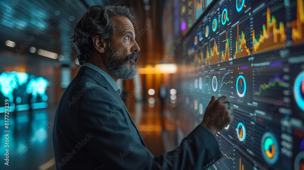 Businessman using a touch screen to analyze financial data. Businessman using a touch screen to analyze financial data.