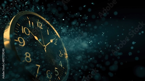 minimal clock face with vibrant burst of glowing particles evoking passage of time against dark background copy space