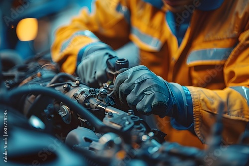 Man in yellow jacket fixing vehicle engine photo
