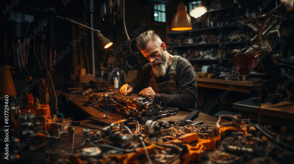 Auto Mechanic Working in a Garage with Engine Parts, Repair Service Auto Mechanic Working in a Garage with Engine Parts, Repair Service