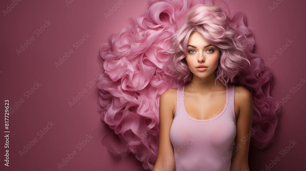 Beautiful Young Girl with Purple Wig Against a Pink Background in a Dreamy Setting Beautiful Young Girl with Purple Wig Against a Pink Background in a Dreamy Setting