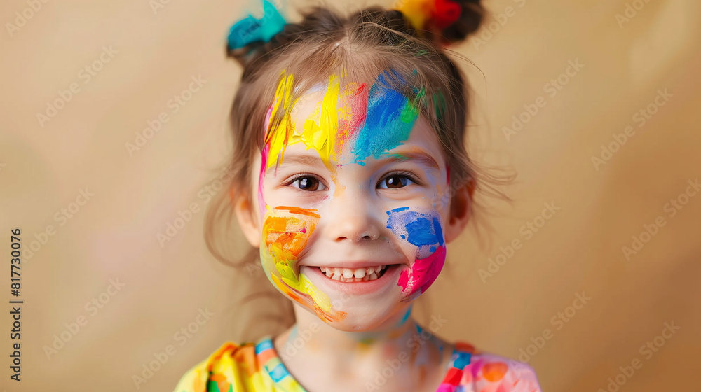 joyful child girl playing a fun game with paint, colorful face in paint joyful child girl playing a fun game with paint, colorful face in paint
