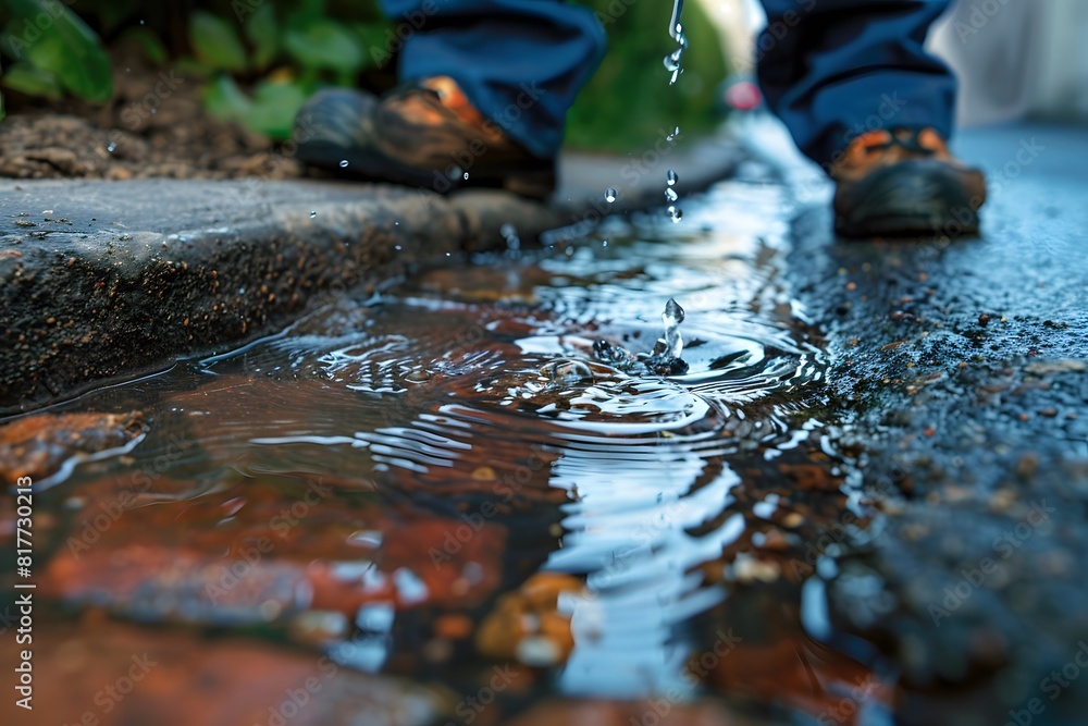 A person standing on a sidewalk next to a water puddle A person standing on a sidewalk next to a water puddle