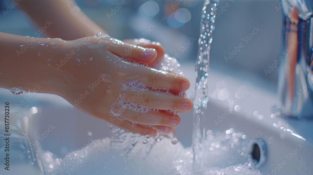 Fototapeta premium A child washes his hands in close-up.