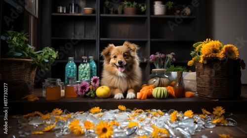 Adorable Dog With Flowers and Herbs in Cozy Kitchen Setting