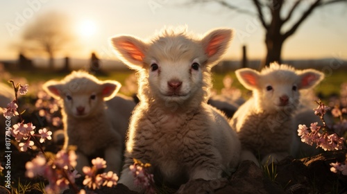 Adorable Lambs Playing on a Spring Meadow at Sunset with Flowers