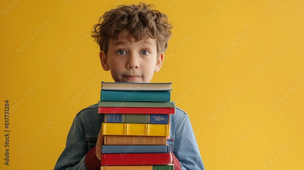 Child holding a stack of books in his hands on a vibrant yellow background, enthusiastic, curious, educational, youthful Child holding a stack of books in his hands on a vibrant yellow background, enthusiastic, curious, educational, youthful