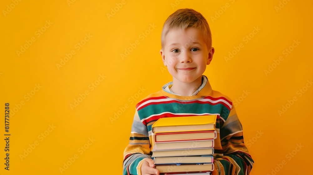 Child holding a stack of books in his hands on a vibrant yellow background, enthusiastic, curious, educational, youthful Child holding a stack of books in his hands on a vibrant yellow background, enthusiastic, curious, educational, youthful