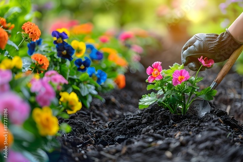 Someone is planting flowers in a garden with a shovel photo