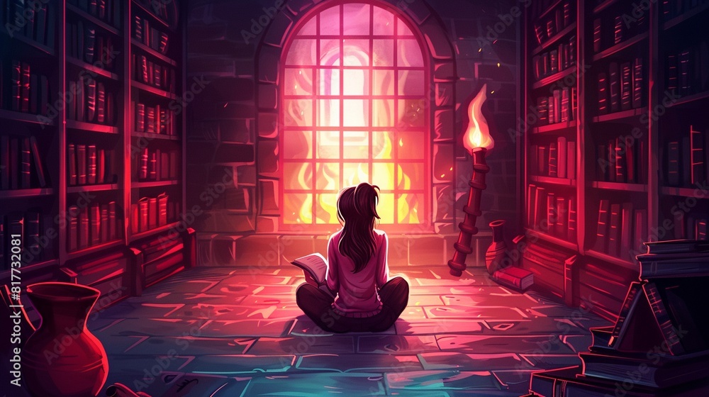 Artistic rendering of a single figure studying on the floor of a panoramic library, with books and materials blurred in the background to emphasize focus and creativity Artistic rendering of a single figure studying on the floor of a panoramic library, with books and materials blurred in the background to emphasize focus and creativity