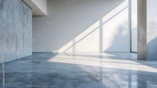 A room with a concrete floor and a large window