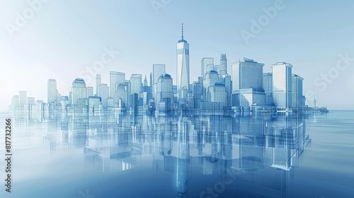 Minimalist wireframe cityscape with iconic buildings  reflecting serenity and modern urban planning