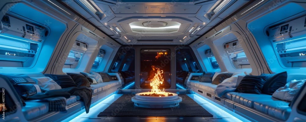 Modern spaceship cabin with an artificial fire pit, surrounded by glowing blue panels and sleek futuristic design Modern spaceship cabin with an artificial fire pit, surrounded by glowing blue panels and sleek futuristic design