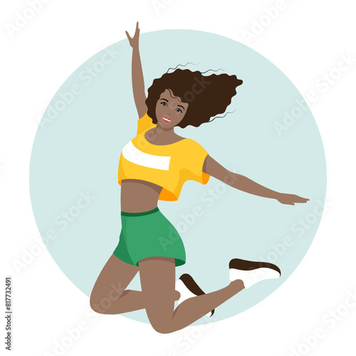 Girl in short t-shirt and shorts jumping, active training, zumba dance