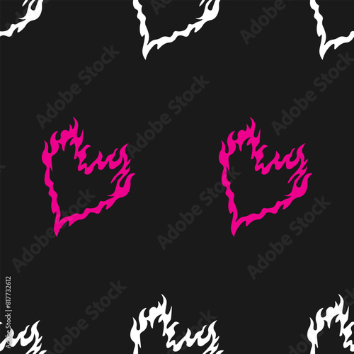 Burning heart, modern fashionable seamless pattern. Trend Y2K background in the style of the 00s 90s.  Perfect for textile, fabric, wallpaper, wrapping