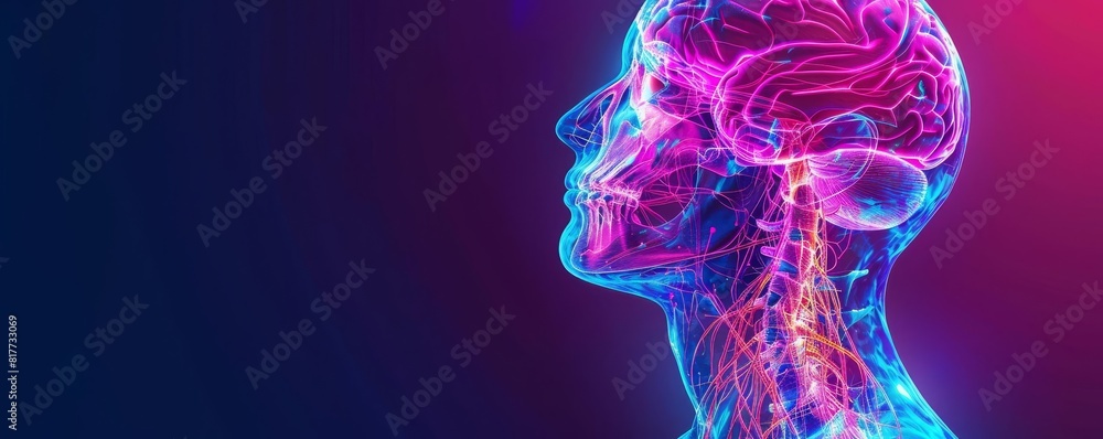 Stunning medical illustration highlighting human brain and spinal cord in neon colors, suitable for neuroscientific studies Stunning medical illustration highlighting human brain and spinal cord in neon colors, suitable for neuroscientific studies