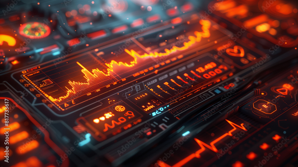 A detailed high-tech interface displaying vibrant data graphs and charts, showcasing advanced technology and digital information analysis. A detailed high-tech interface displaying vibrant data graphs and charts, showcasing advanced technology and digital information analysis.