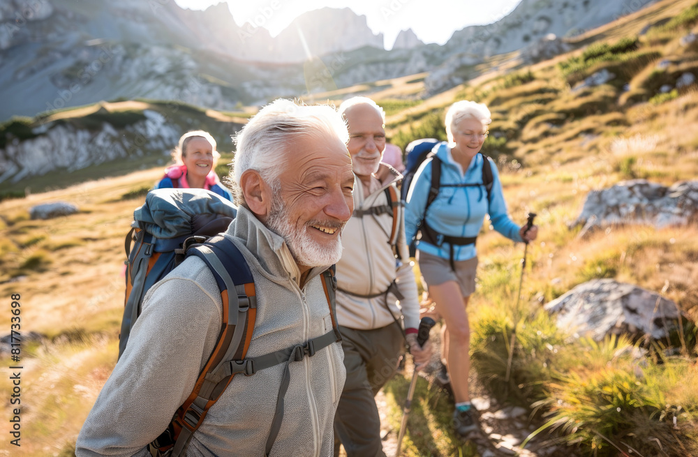 a group of active and attractive seniors, male and female, out on a mountain trail hiking together and enjoying each other's company, sunny day, early morning light