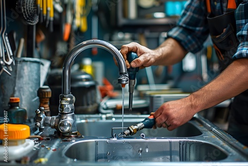 Man fixing faucet in kitchen sink photo