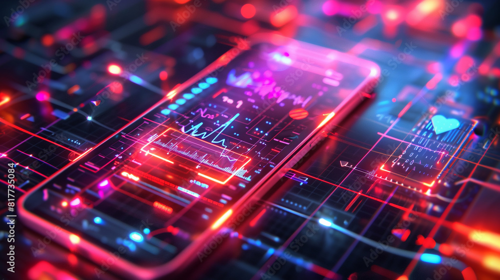 A futuristic smartphone showcasing a holographic display interface with vibrant colors and advanced technology, set against a digital circuit board background. A futuristic smartphone showcasing a holographic display interface with vibrant colors and advanced technology, set against a digital circuit board background.