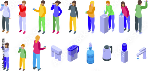 Thirsty people drinking vector. A group of people are drinking water and using a water fountain. There are also a few other objects in the scene, such as a cup and a bottle. Scene is casual and